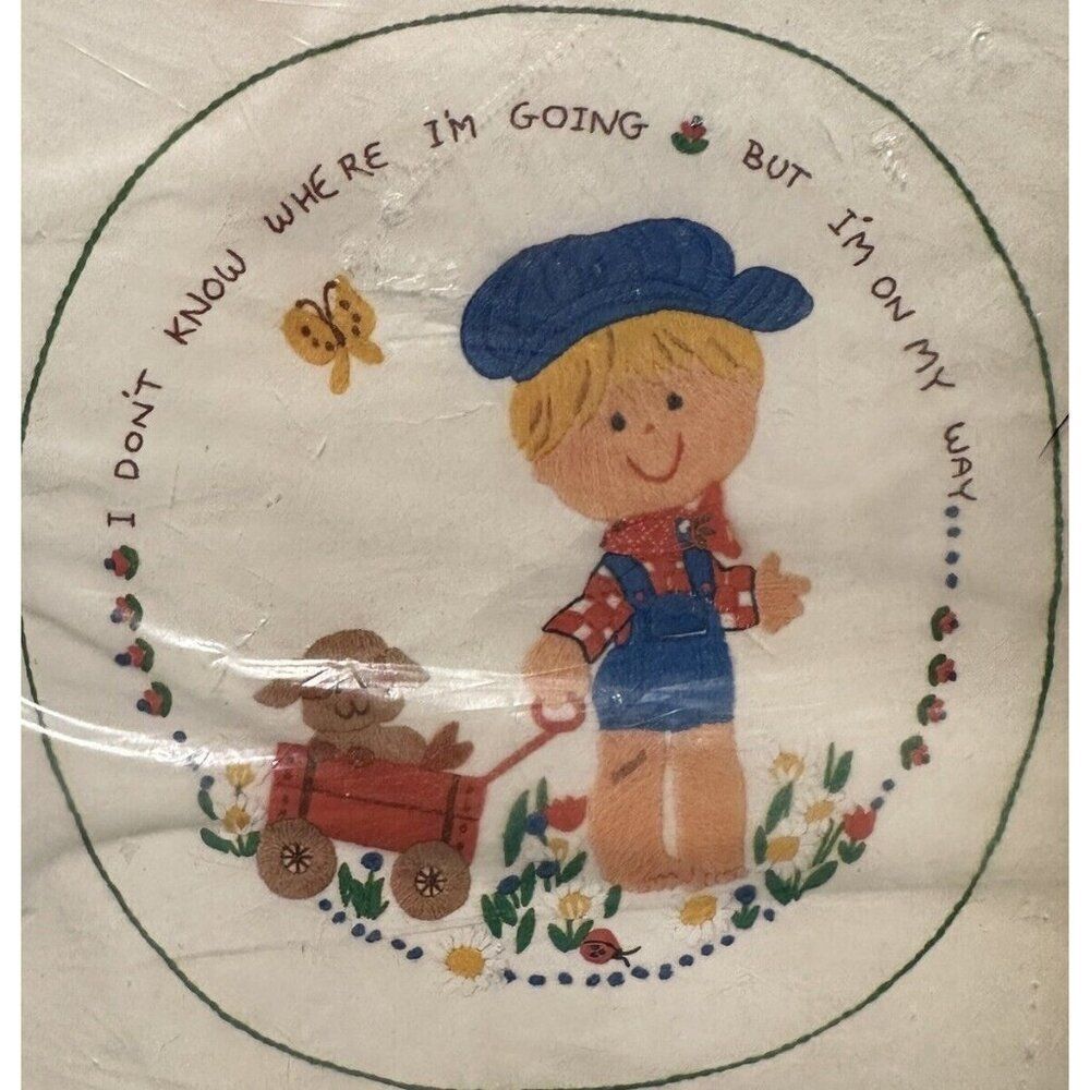 NEW Vtg Child Dog Wagon 16” Pillow Crewel Embroidery Kit Bucilla Stitchery Craft